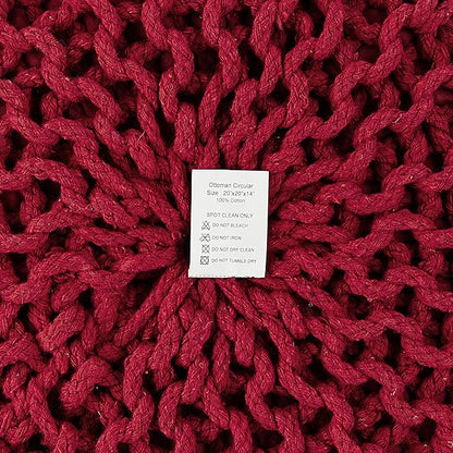 REDEARTH Round Pouf Ottoman - Hand Knitted Cable Boho Poof - Foot Stool Bean Bag - Home Décor Stuffed Footrest for Living Room - Nursery - Bedroom - 100% Cotton Poufs (19.5"x19.5"x14") - Red